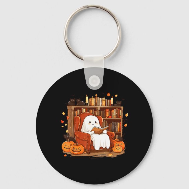 Ghost Reading Book With Black Cat Cute Halloween Keychain (Front)