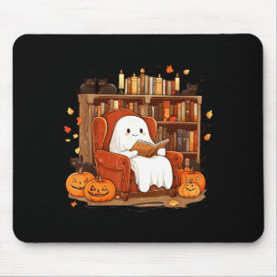Ghost Reading Book With Black Cat Cute Halloween Mouse Pad