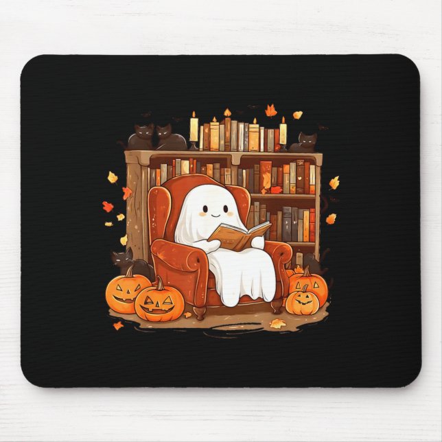Ghost Reading Book With Black Cat Cute Halloween Mouse Pad (Front)