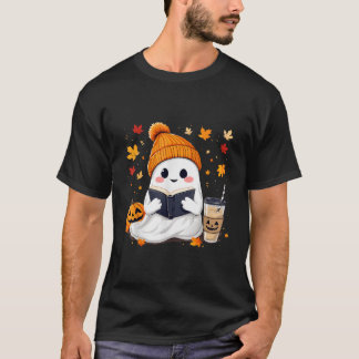 Ghost Reading Book with Fall Leaves Halloween Ghos T-Shirt