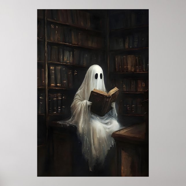 Ghost reading books in library print, digital poster (Front)