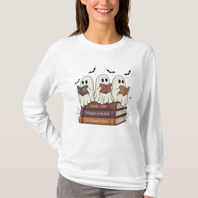 Ghost Reading Bookworm Cozy Long Sleeve Halloween  T-Shirt (Front)