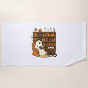 Ghost Reading in Cozy Halloween Library Classic T- Beach Towel