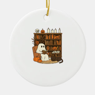 Ghost Reading in Cozy Halloween Library Classic T- Ceramic Ornament