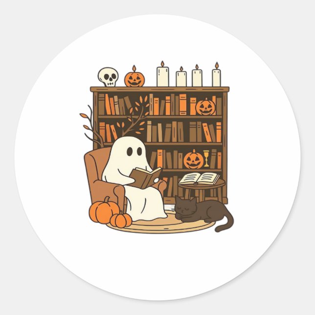 Ghost Reading in Cozy Halloween Library Classic T- Classic Round Sticker (Front)