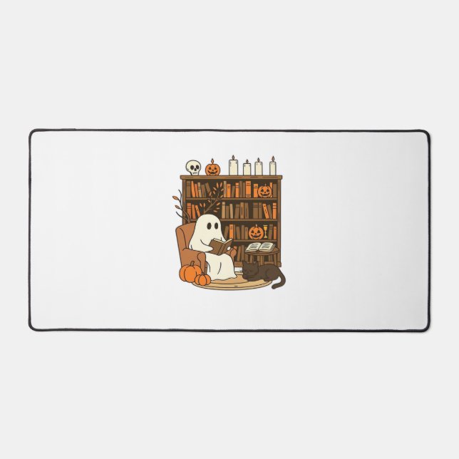 Ghost Reading in Cozy Halloween Library Classic T- Desk Mat (Front)