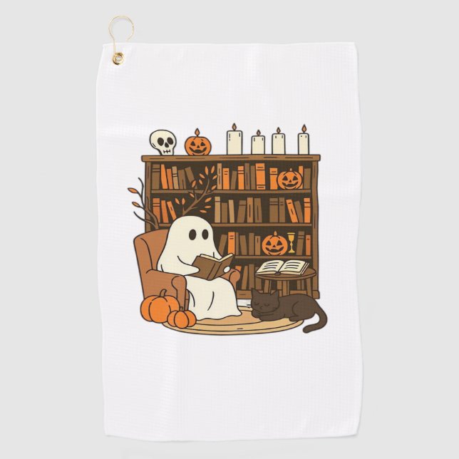 Ghost Reading in Cozy Halloween Library Classic T- Golf Towel (Front)