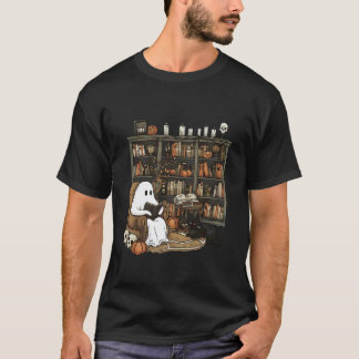 Ghost Reading in Halloween Library with Black Cat T-Shirt