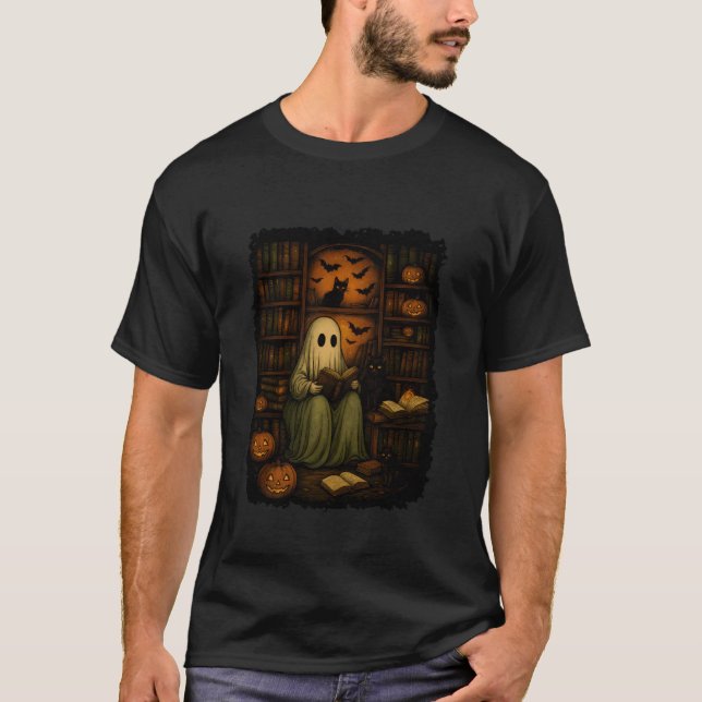Ghost Reading with Cats in Haunted Library T-Shirt (Front)