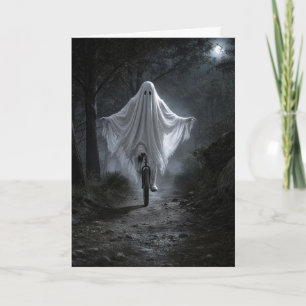 Ghost Riding a Unicycle in a Spooky Forest Card