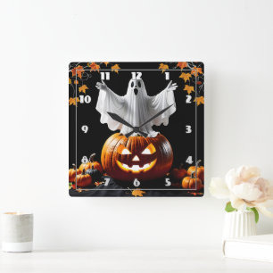Ghost rises from a pumpkin at dusk square wall clock
