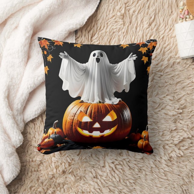 Ghost rises from a pumpkin at dusk throw pillow (Blanket)