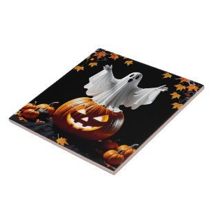 Ghost rises from a pumpkin at dusk tile