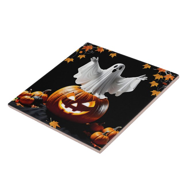 Ghost rises from a pumpkin at dusk tile (Side)