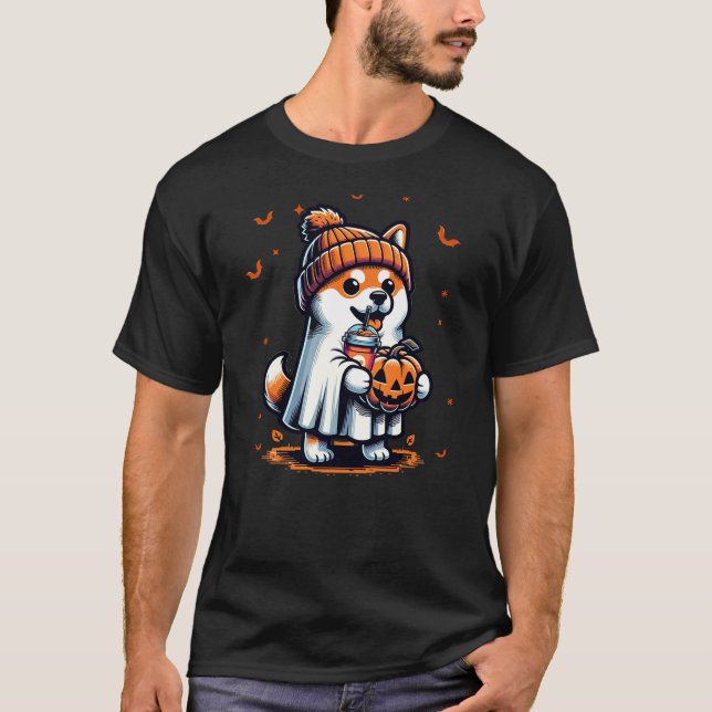 Ghost Shiba Inu Dog Pumpkin Drinks Beanie Fall Hal T-Shirt (Front)