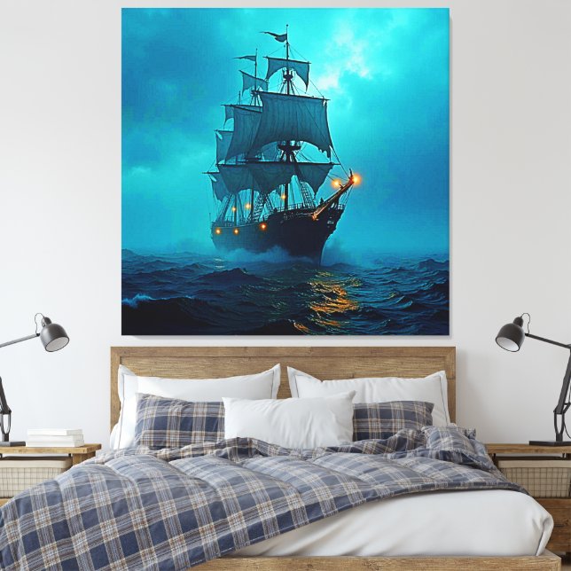 Ghost Ship on the Stormy Seas Design Canvas Print (Insitu(Bedroom))