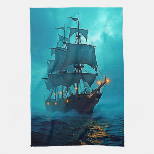 Ghost Ship on the Stormy Seas Design Kitchen Towel
