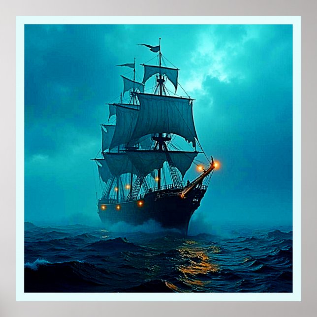 Ghost Ship on the Stormy Seas Design Poster (Front)