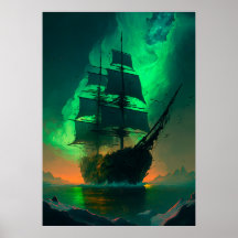 Ghost Ship Painting with Green Sky Sunset Glow