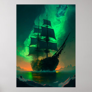 Ghost Ship Painting with Green Sky Sunset Glow Poster