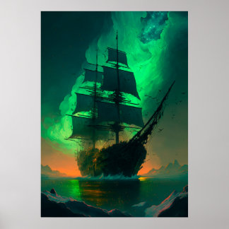 Ghost Ship Painting with Green Sky Sunset Glow Poster
