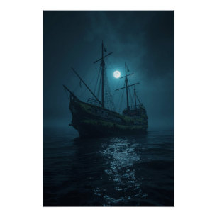Ghost Ship Under the Moon – Haunted Ocean Night Poster