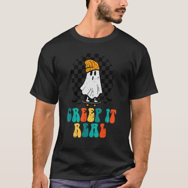 Ghost Skateboard Creep It Real Retro Halloween Cos T-Shirt (Front)