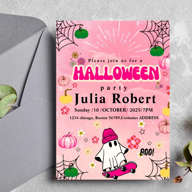 ghost skateboard Halloween pumpkin pink Invitation (Creator Uploaded)