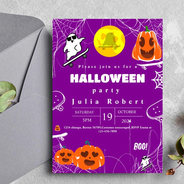 ghost skateboard Halloween pumpkin purple Invitation (Creator Uploaded)