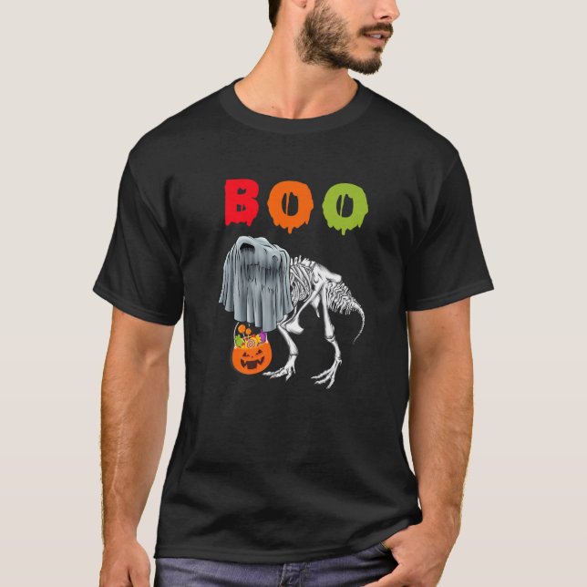 Ghost Skeleton Dinosaur Holding Jackolantern Hallo T-Shirt (Front)