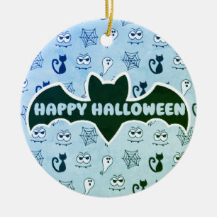Ghost, Spiderwebs and Black Cats Blue Ceramic Ornament