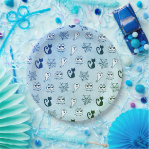 Ghost, Spiderwebs and Black Cats Blue Paper Plate