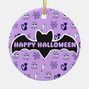 Ghost, Spiderwebs and Black Cats Purple Ceramic Ornament
