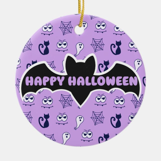 Ghost, Spiderwebs and Black Cats Purple Ceramic Ornament (Front)