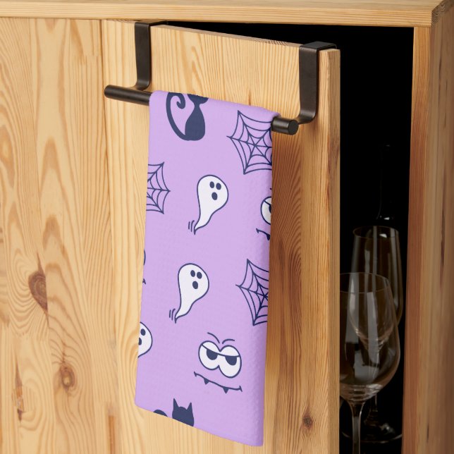 Ghost, Spiderwebs and Black Cats Purple Kitchen Towel (Thirds Fold)