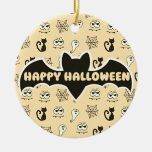 Ghost, Spiderwebs and Black Cats Yellow Ceramic Ornament
