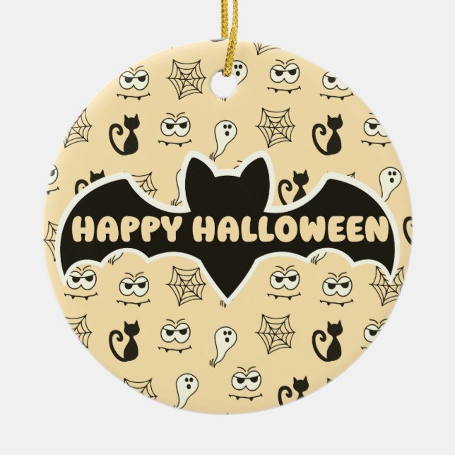 Ghost, Spiderwebs and Black Cats Yellow Ceramic Ornament (Front)