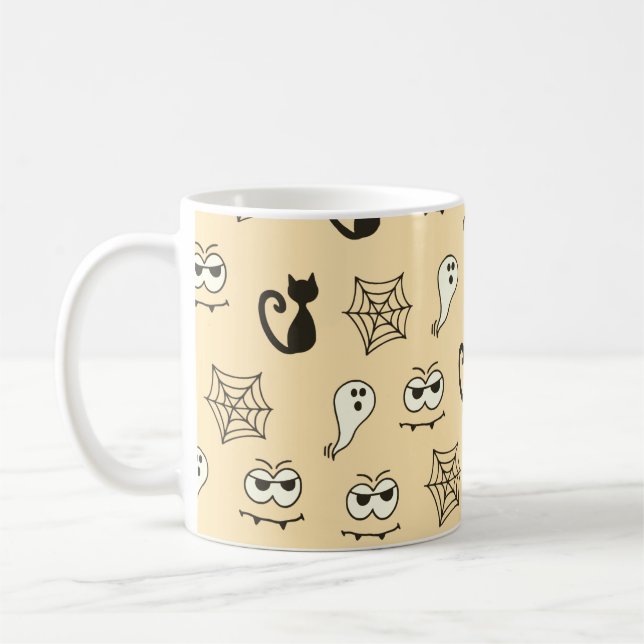 Ghost, Spiderwebs and Black Cats Yellow Coffee Mug (Left)
