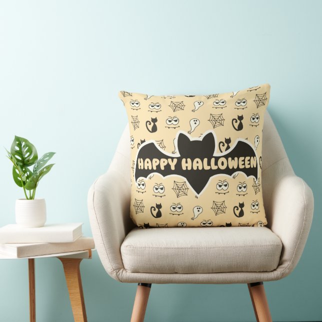 Ghost, Spiderwebs and Black Cats Yellow Throw Pillow (Chair)