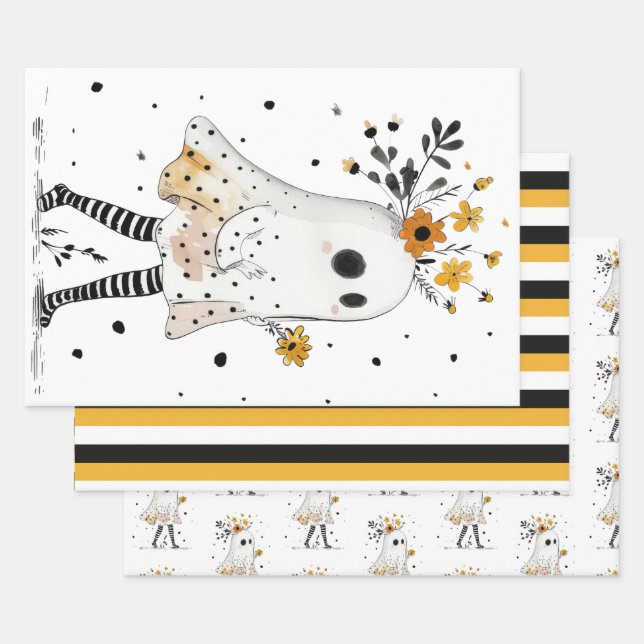 Ghost& Sunflowers with Stripe Pattern Halloween Wrapping Paper Sheet (Set)