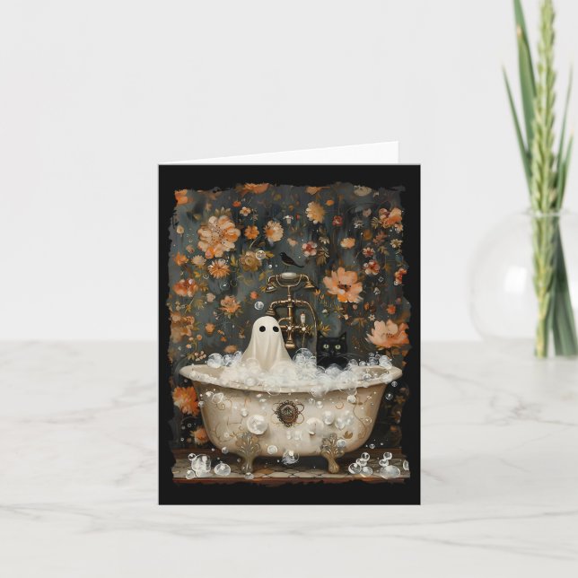 Ghost Takes A Th Tub In Flower Forest Halloween Vi Card (Front)