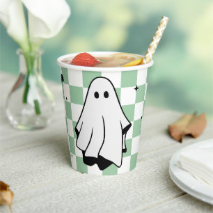 Ghost-Themed Halloween Checkered Paper Cups