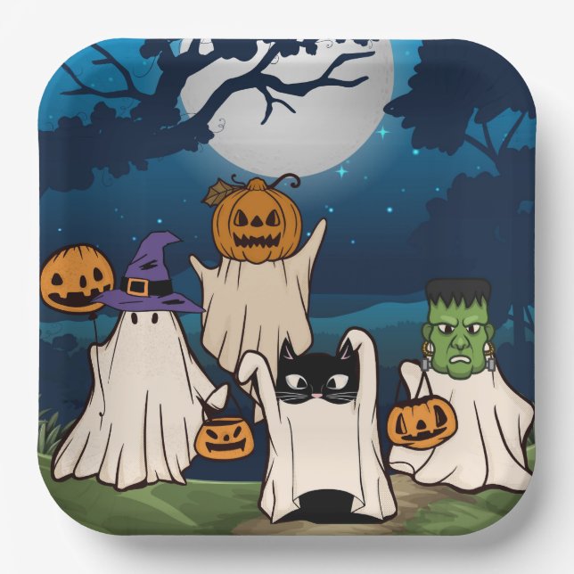 Ghost Trick-or-Treaters Paper Plates (Front)
