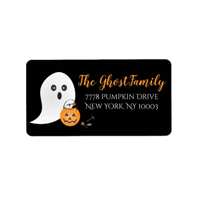 Ghost Trick Or Treating Halloween Candy Pumpkin Label (Front)
