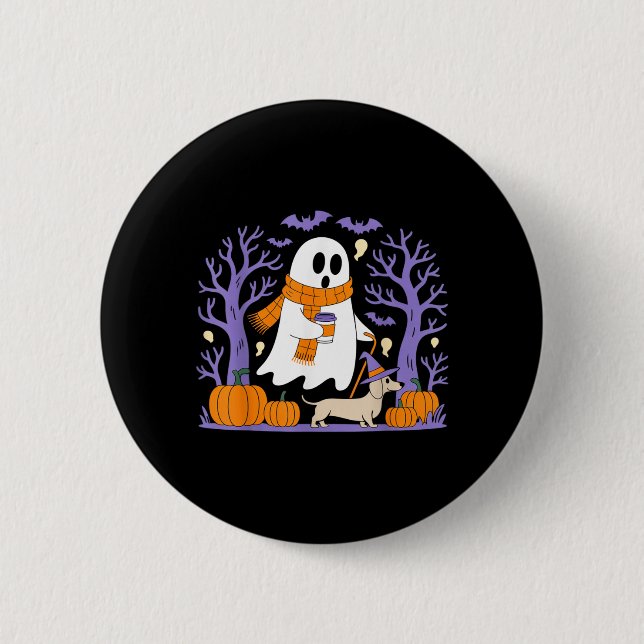 Ghost Walking Dachshund Funny Spooky Season 2 Inch Round Button (Front)