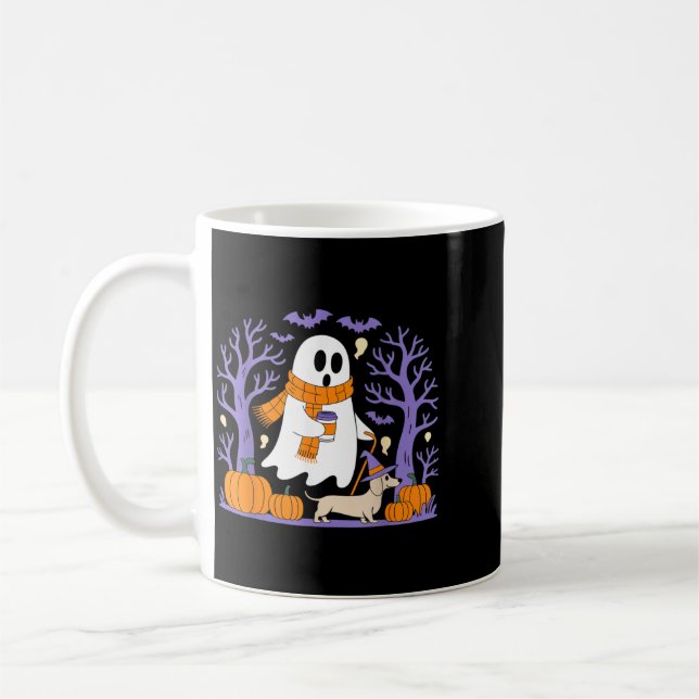 Ghost Walking Dachshund Funny Spooky Season Coffee Mug (Left)