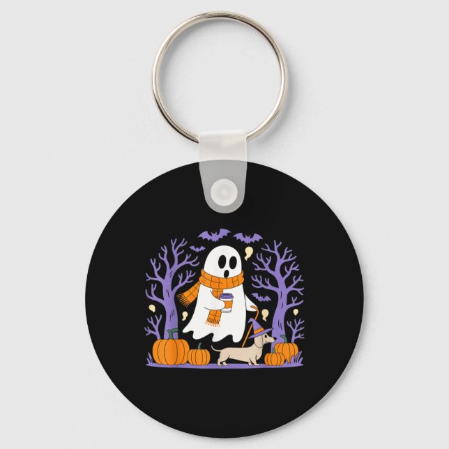 Ghost Walking Dachshund Funny Spooky Season Keychain (Front)