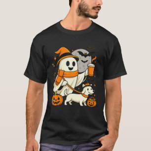 Ghost Walking Dachshund Spooky Season Halloween T-Shirt