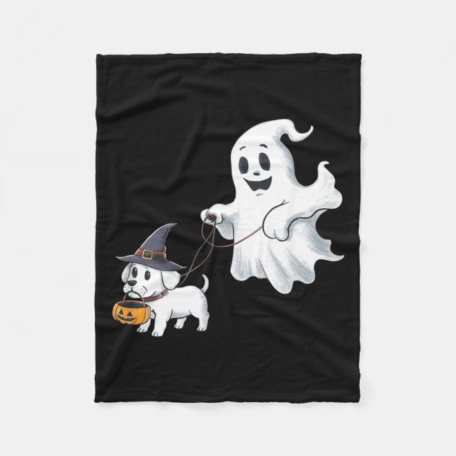 Ghost Walks The Dog Halloween Fleece Blanket (Front)