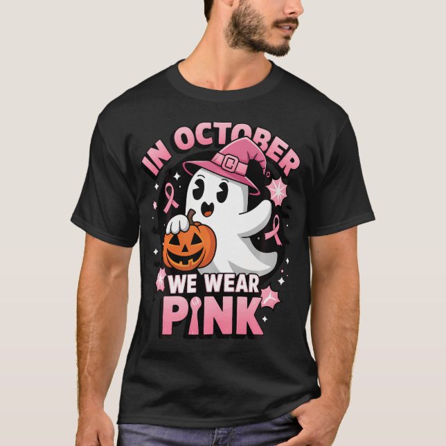 Ghost Witch In October We Wear Pink Breast Cancer  T-Shirt (Front)